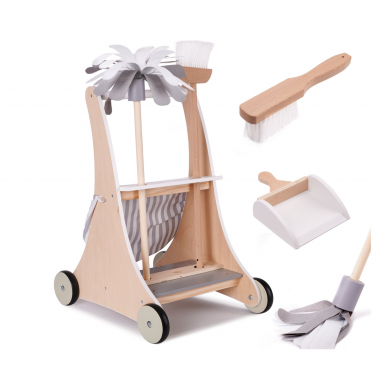 Medinis žaislinis valymo vežimėlis su priedais