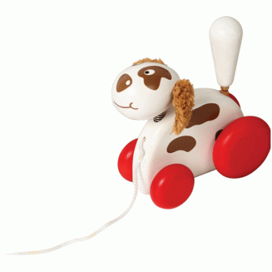 Medinis žaislas traukiamas šuniukas ant ratukų